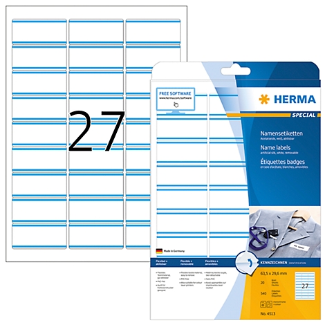 Sheets of labels and a package of name labels. Inscription: "27". Blue lines on white background.
