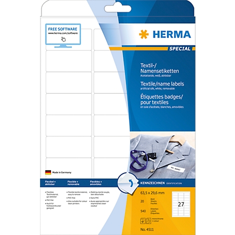Package of Herma textile name labels. The background shows a jacket with attached name tags.