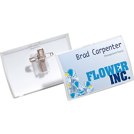 Two name badges. One with "Brad Carpenter, Management Trainer" and "FLOWER INC." logo.