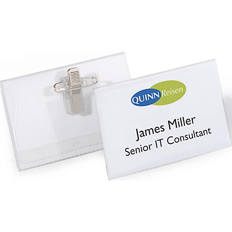 Name badge with "Quinn Reisen" logo, name James Miller, and job title "Senior IT Consultant".