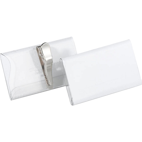 Two name tags with transparent plastic and metal clip.