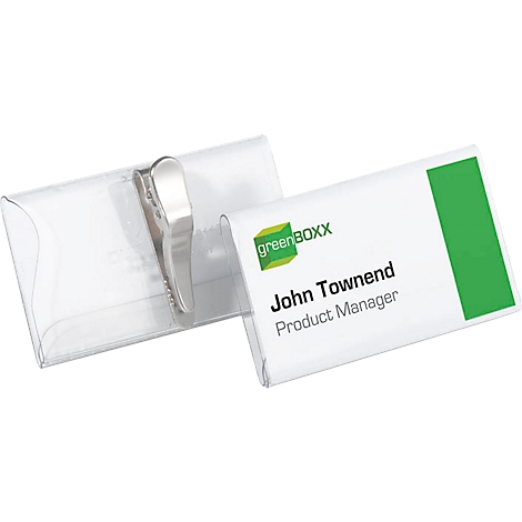 Name tag with green field and inscription: 'John Townend, Product Manager' with clip.