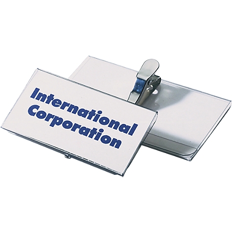 Two name badges with metal clips. One shows "International Corporation" in blue text.