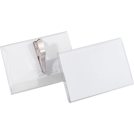 Two transparent name badges with a metal clip on a white background.