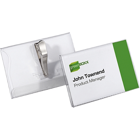 Plastic name badges. One badge shows: John Townend, Product Manager. The other badge has a metal clip.