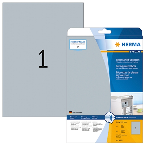 Grey label sheet with black '1'. Next to it a package with product information and the 'HERMA' logo.