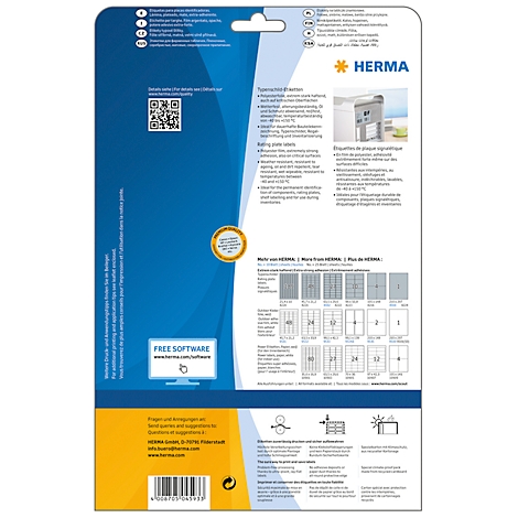 Back of a package with Herma logo. Text about labels, QR code, free software, label templates.