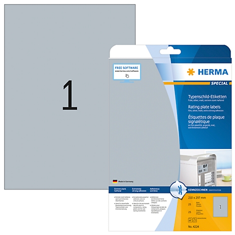 Gray labels with black '1' next to packaging. Inscription: HERMA Special rating plate labels.