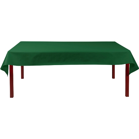 Table verte rectangulaire avec des pieds rouges. Le dessus de la table est recouvert d'une nappe verte.