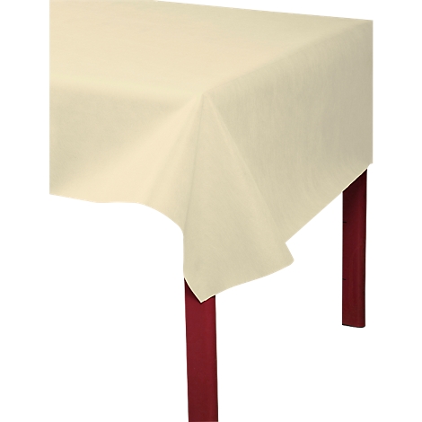 Une nappe beige clair recouvre une table. Les pieds de table rouges sont visibles.
