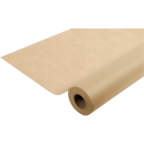 Rouleau de papier d'emballage marron, partiellement déroulé. Le papier a une texture rugueuse.