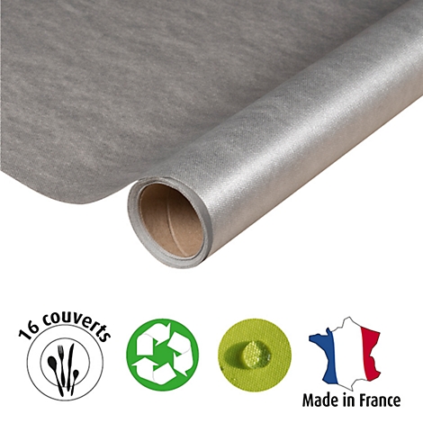 Rouleau de nappe grise. En dessous, icônes pour couverts, recyclage, résistance à l'eau et "Made in France".