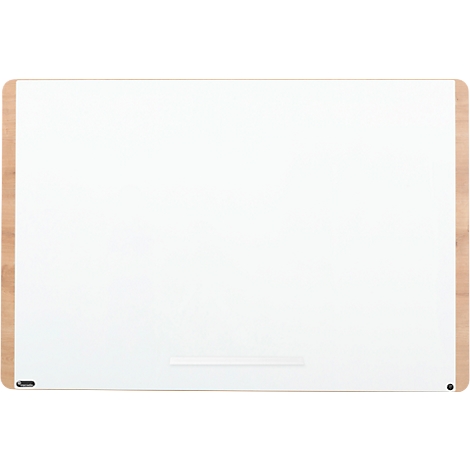 Whiteboard with light wood frame. At the bottom, a narrow shelf.