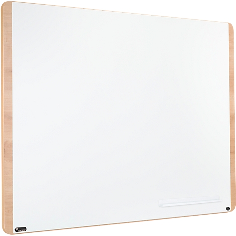 Rectangular white magnetic whiteboard with wooden frame. At the bottom, there is a shelf and brackets.