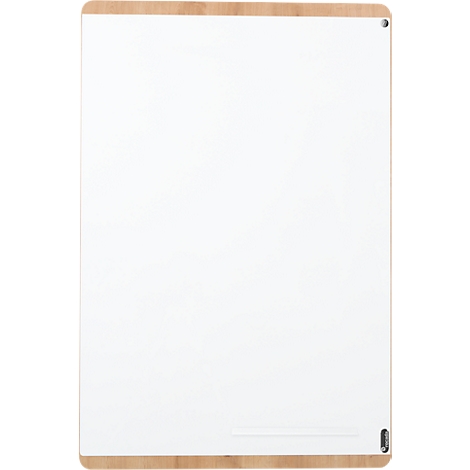 White whiteboard with light wood frame. There is a metal pen hole in the top right corner.