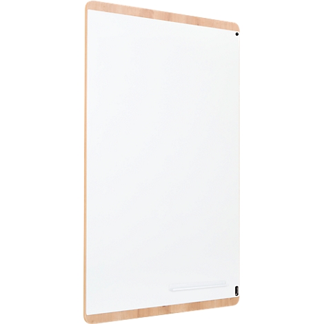 A white whiteboard with a wooden frame, photographed slightly from the side.