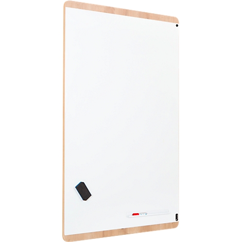 White whiteboard with wooden frame. A red pen and a sponge at the bottom right.
