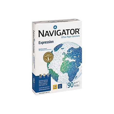 Papierpackung Navigator Expression mit Weltkugel-Grafik auf weißem Grund.