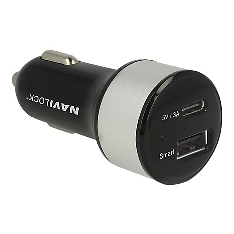 Schwarzes Navilock Kfz-Ladegerät mit silbernem Ring, USB-C und USB-A Anschlüssen vor weißem Hintergrund.
