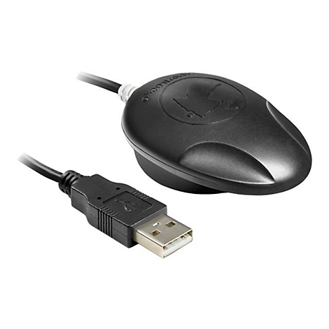 Schwarzer GPS-Empfänger mit USB-Kabel. Der Empfänger hat eine ovale Form und ein Logo. Der USB-Stecker ist sichtbar.