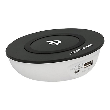 Runde, schwarz-weiße Navilock Qi-Ladestation mit USB-Anschlüssen vor weißem Hintergrund.