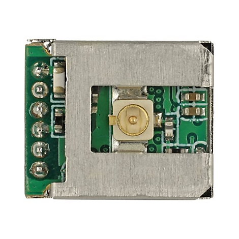 Nahaufnahme eines elektronischen Moduls mit grüner Leiterplatte, silberner Metallumrandung und goldenem Anschluss.