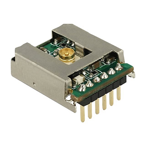 Detailaufnahme einer elektronischen Komponente mit goldfarbenem Anschluss, silberner Umrandung und grüner Platine.