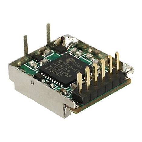 Nahaufnahme eines elektronischen Moduls mit grüner Platine, Metallrahmen und Steckern.