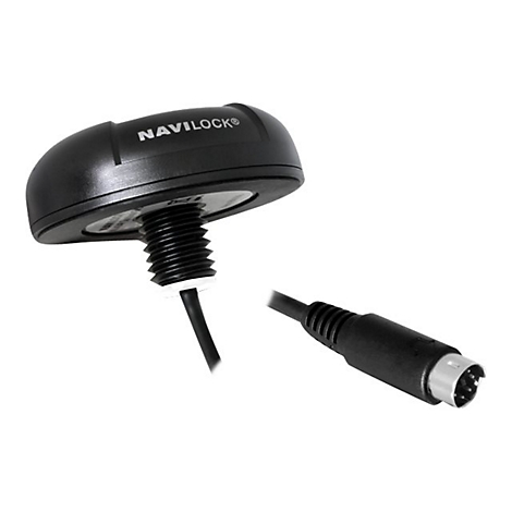 Schwarzes Navigationsgerät mit Kabel und Stecker, vor weißem Hintergrund. Der Text "NAVILOCK" ist lesbar.