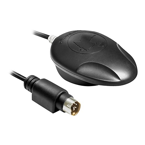 Schwarzes GPS-Modul mit Kabel, Stecker und Logo.