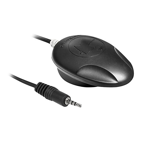 Schwarzes, ovales Bedienelement mit Klinkenstecker. Auf dem Bedienelement ist ein Logo abgebildet.