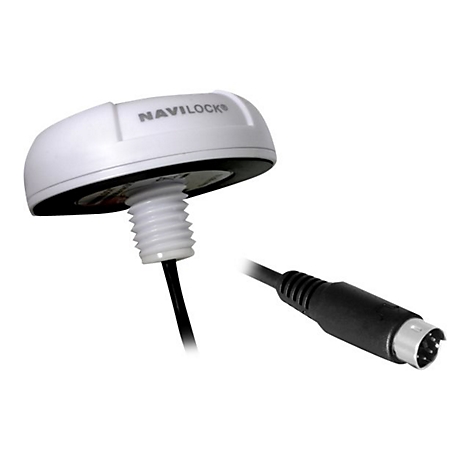 Weißes Navilock-Gerät mit Schraubgewinde und Kabel, rechts ein Stecker.