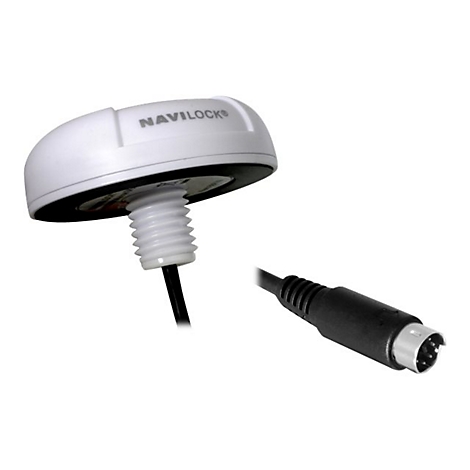 Weißes NAVILOCK-Gerät mit Schraubgewinde und Kabel, rechts ein Stecker. Aufschrift NAVILOCK.