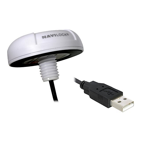 Weißes Navilock-Gerät mit USB-Kabel. Aufschrift: "NAVILOCK".