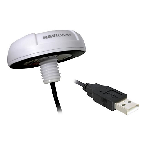 Ein weißes Navigationsgerät mit Schraubgewinde und USB-Kabel.