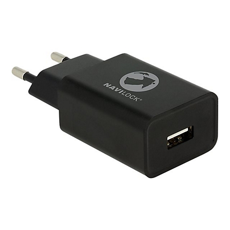 Schwarzes USB-Netzteil von Navilock mit Eurostecker vor weißem Hintergrund.