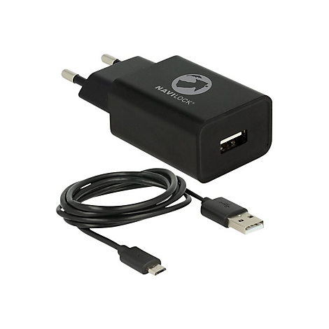 Schwarzes Navilock USB-Netzteil mit dazugehörigem USB-Kabel vor weißem Hintergrund.