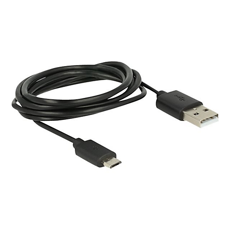 Schwarzes USB-A auf Micro-USB-Kabel zusammengerollt vor weißem Hintergrund.