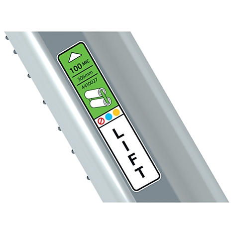 Close-up van een zilverkleurig metalen stuk met een rechthoekige sticker met de tekst "LIFT".