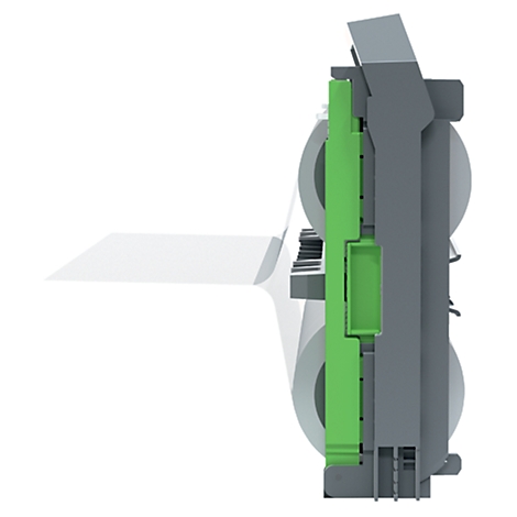 Grijs technisch apparaat met groene details, in profiel. Er is ook een wit, rechthoekig element dat uitsteekt.