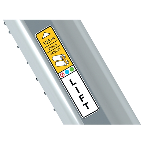Detail van een bord met tekst en symbolen. Het bord toont "125 MIC", "306mm" en "4410028". Hieronder een mededeling met het woord "LIFT".