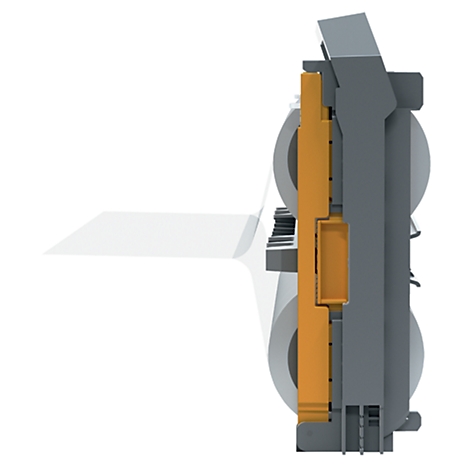 Zijaanzicht van een industriële machine, grijze structuur, oranje plaat.