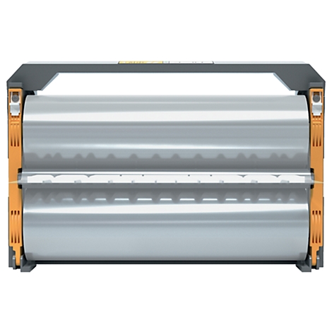 Grijze rolhouder met twee rollen. Oranje zijpanelen, grijze handgreep.