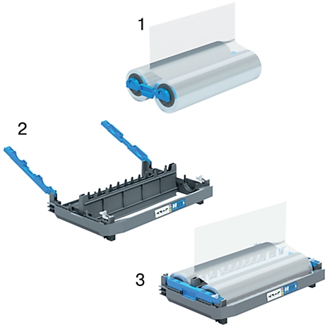 Drie fasen van filmrollen. Rollen en film bovenaan, beugel in het midden, gemonteerd onderaan. Blauw, grijs en transparantie.