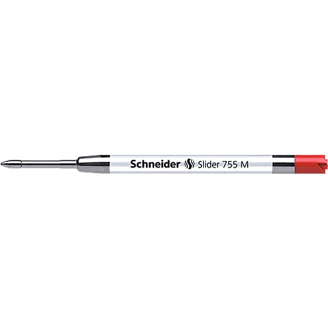 Detailopname van een balpen, grijze schacht, rode dop, opschrift: Schneider Slider 755 M.