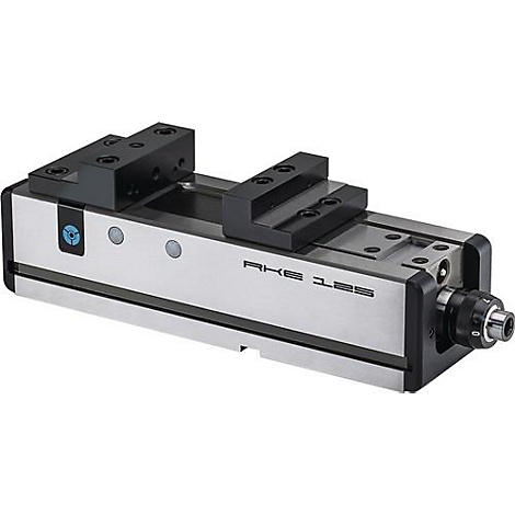 Metal vise on a white background. The vise has black jaws and a silver frame. Inscription: RKE 125.