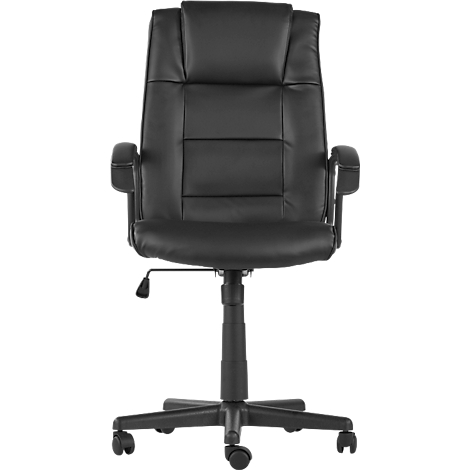 Black office chair with high back, armrests and wheels. The chair is made of imitation leather.