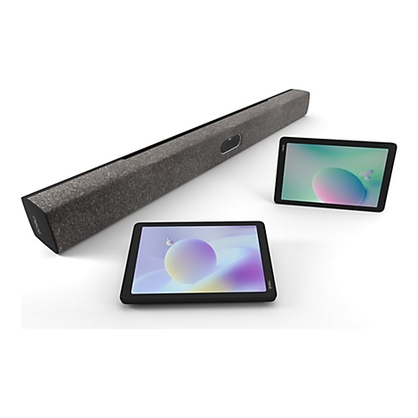 Grauer Soundbar und zwei Tablets mit bunten Displays, vor weißem Hintergrund.