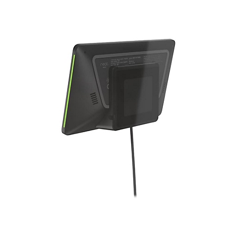 Schwarzes Tablet mit grünem Rand, Rückseite mit Halterung und Kabel, auf weißem Hintergrund.