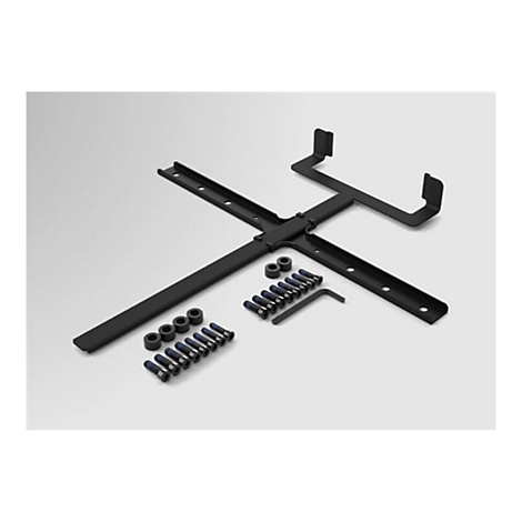 Schwarzes Metallgestell mit Schrauben und Werkzeug auf weißem Grund. Detailansicht.